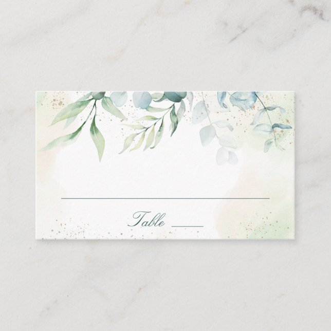 Elegant Blue Green Eucalyptus Greenery Wedding Place Card (Front)