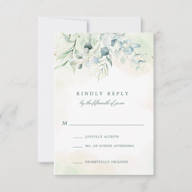 Elegant Blue Green Eucalyptus Greenery Wedding RSVP Card (Front)