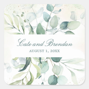 Elegant Blue Green Eucalyptus Greenery Wedding Square Sticker
