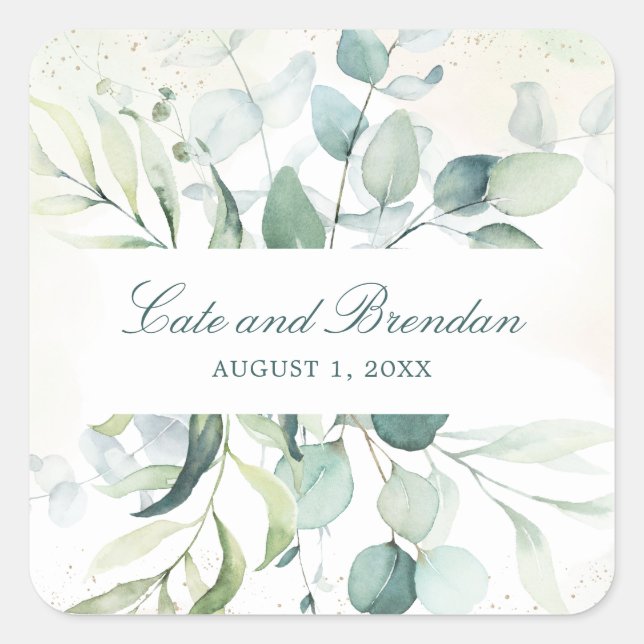 Elegant Blue Green Eucalyptus Greenery Wedding Square Sticker (Front)
