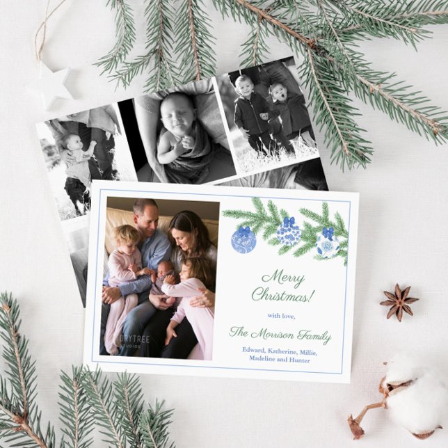 Elegant Blue Green Family Photos Merry Christmas Holiday Card (Elegant blue and white chinoiserie baubles Holiday cards with family photo collage)