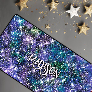 Elegant blue green faux Glitter monogram Desk Mat
