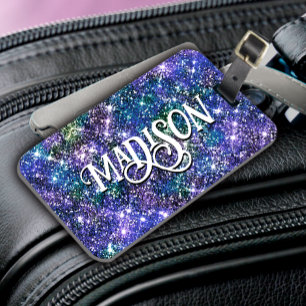 Elegant blue green faux Glitter monogram Luggage T Luggage Tag