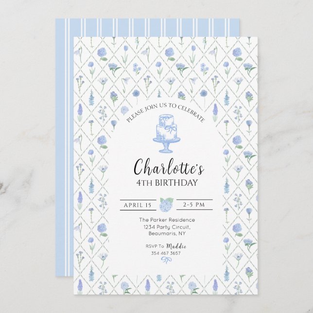 Elegant Blue & Green Floral Trellis Invitation (Front/Back)