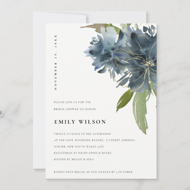 ELEGANT BLUE GREEN GOLD FLORA BRIDAL SHOWER INVITE (Front)