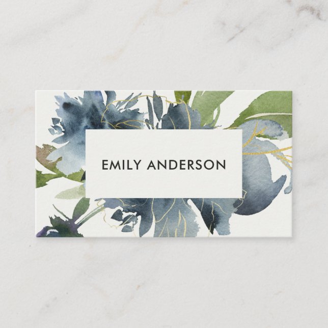 ELEGANT BLUE GREEN GOLD FLORAL WATERCOLOR BUSINESS CARD (Front)