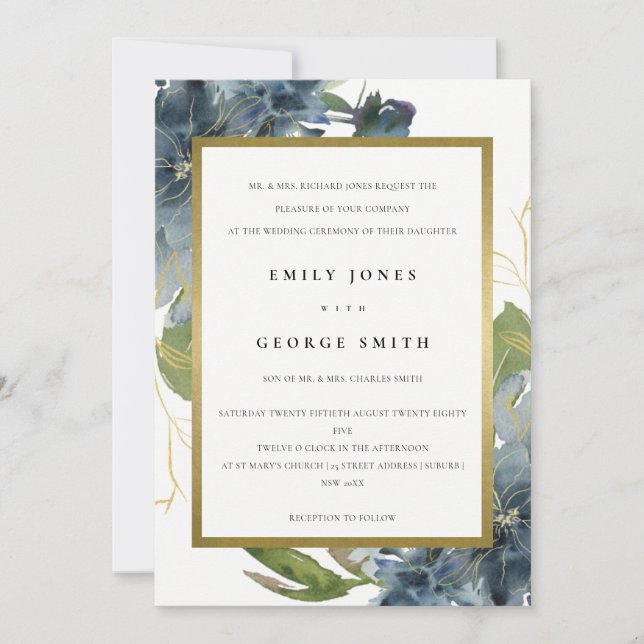 ELEGANT BLUE GREEN GOLD FLORAL WEDDING INVITE (Front)