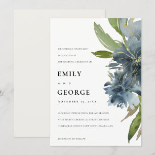 ELEGANT BLUE GREEN GOLD FLORAL WEDDING INVITE