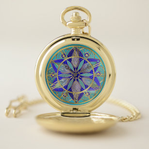 Elegant Blue Green Gold Lotus Flower Mandala Pocket Watch