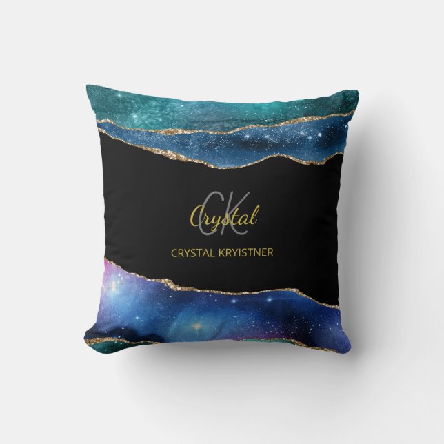 Elegant Blue Green Gold Marbled Glitter Monogram  Cushion (Front)