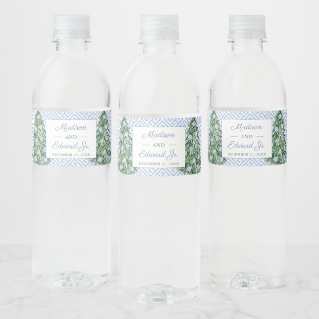 Elegant Blue Green Holidays Tree Wedding Shower Water Bottle Label (Bottles)