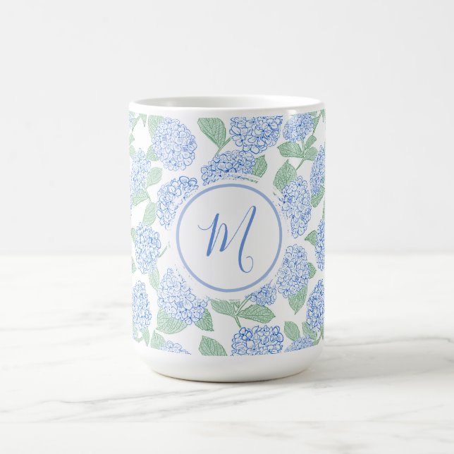 Elegant Blue Green Hydrangea Preppy Personalised Coffee Mug (Center)