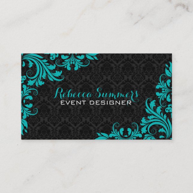 Elegant Blue-Green Lace Black Damasks Business Card (Front)