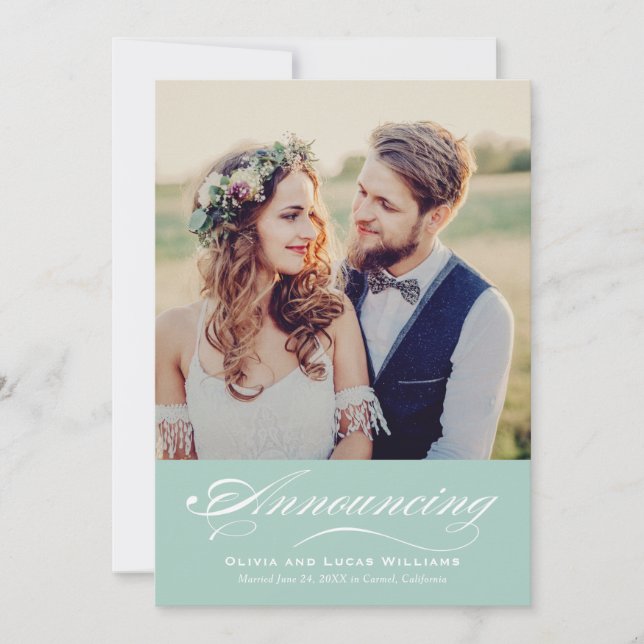 Elegant Blue Green Script Wedding Photo Reception Invitation (Front)