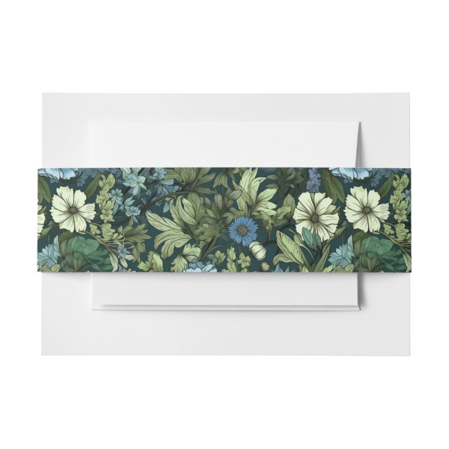 Elegant Blue & Green Victorian Wildflowers Pattern Invitation Belly Band (Front Example)