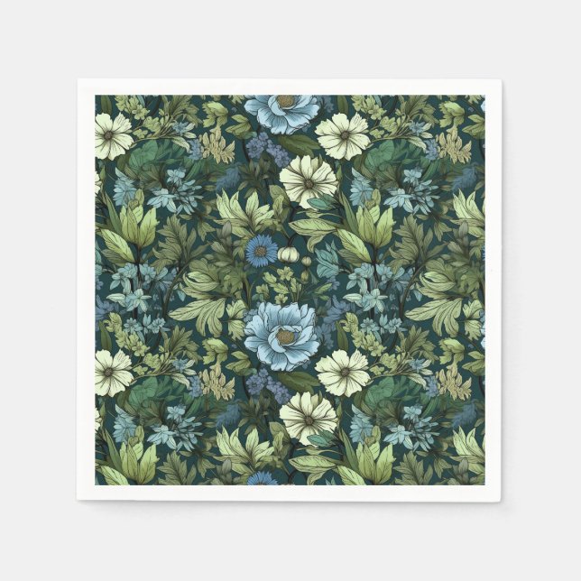 Elegant Blue & Green Victorian Wildflowers Pattern Napkin (Front)