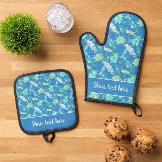 Elegant Blue Green White Dragonfly Floral Print Oven Mitt & Pot Holder Set