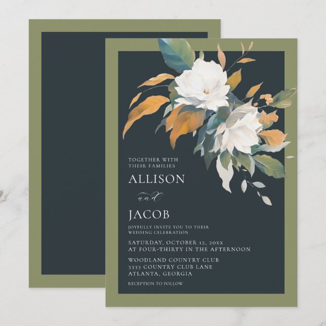 Elegant Blue Green White Floral Wedding Invitation (Front/Back)