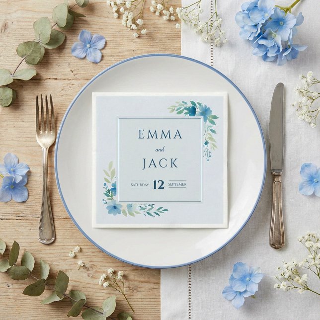 Elegant blue greenery names and date wedding napkin (Elegant blue greenery names and date wedding napkins.)