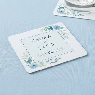 Elegant blue greenery names and date wedding square paper coaster