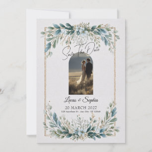 Elegant Blue Greenery Save the Date Invitation