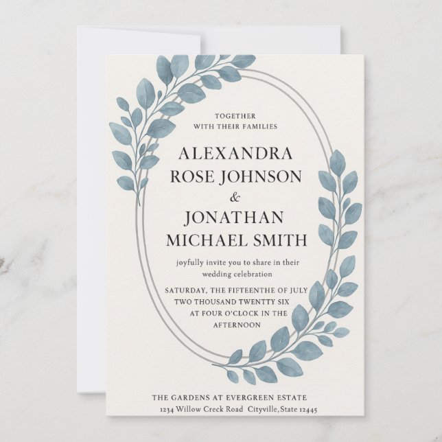 Elegant Blue Greenery & Silver Oval Modern Invitation (Front)
