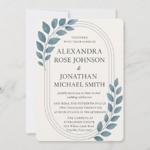 Elegant Blue Greenery & Silver Oval Wedding Invitation