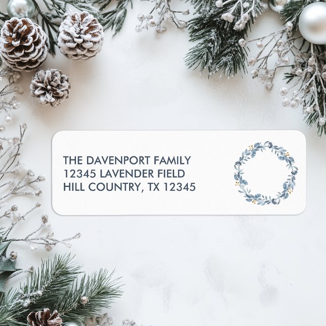 Elegant Blue Greenery Wreath Return Address Label (Creator Uploaded)