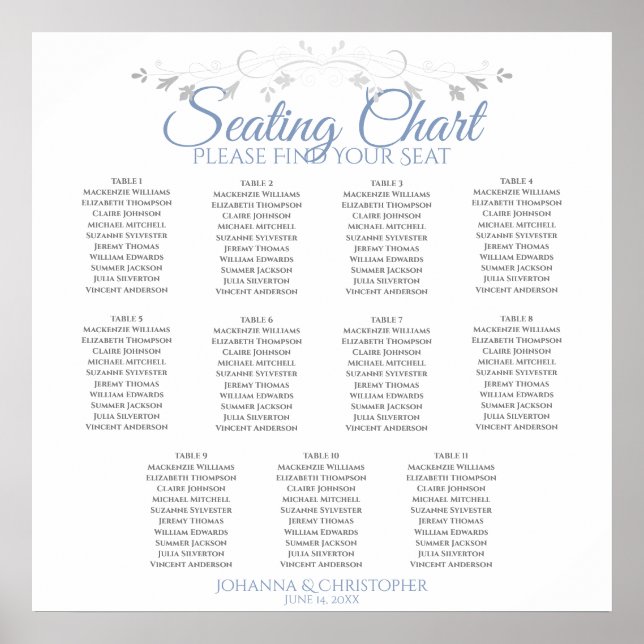 Elegant Blue & Grey 11 Table Wedding Seating Chart (Front)