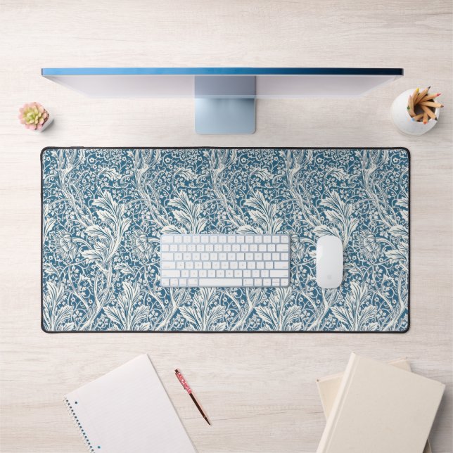 Elegant Blue & Grey Acanthus Leaf Pattern Desk Mat (Office 1)