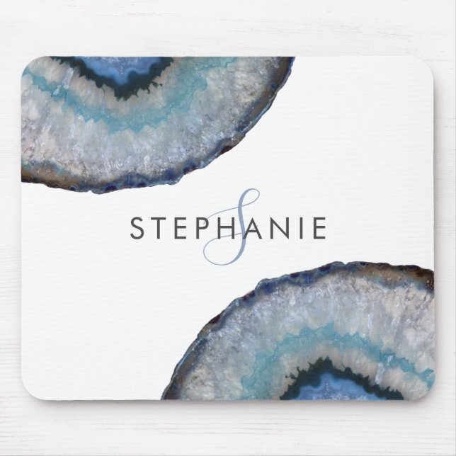 Elegant Blue Grey Agate Geode Monogram Mouse Mat (Front)