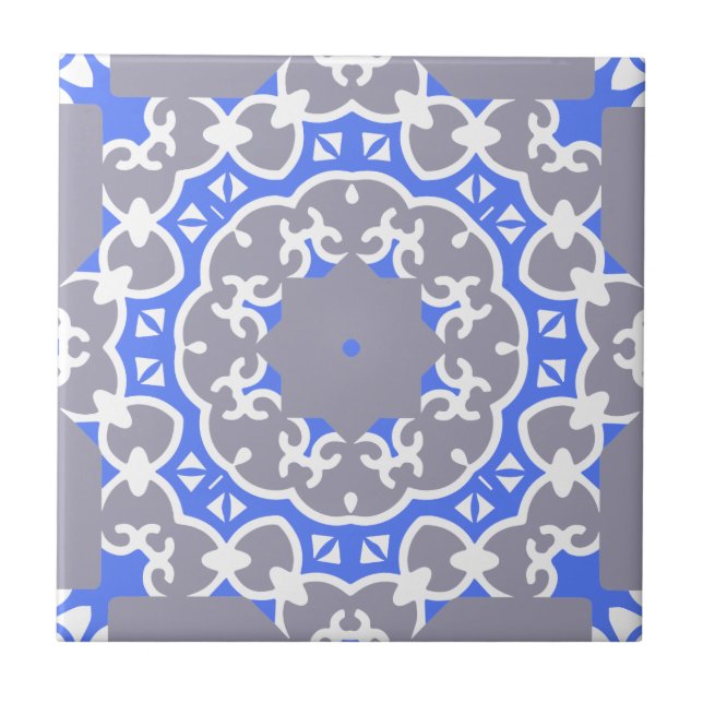 Elegant Blue Grey and White Classy Damask Pattern  Tile (Front)