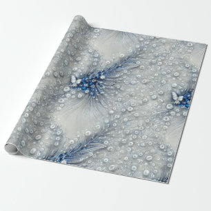 Elegant Blue, Grey, and White Feathered Bejeweled Wrapping Paper
