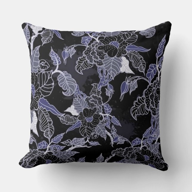 Elegant Blue & Grey Dark Floral Throw Pillow (Front)
