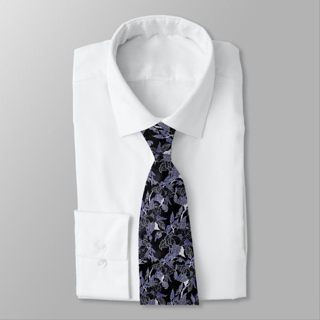 Elegant Blue & Grey Dark Floral Tie (Tied)
