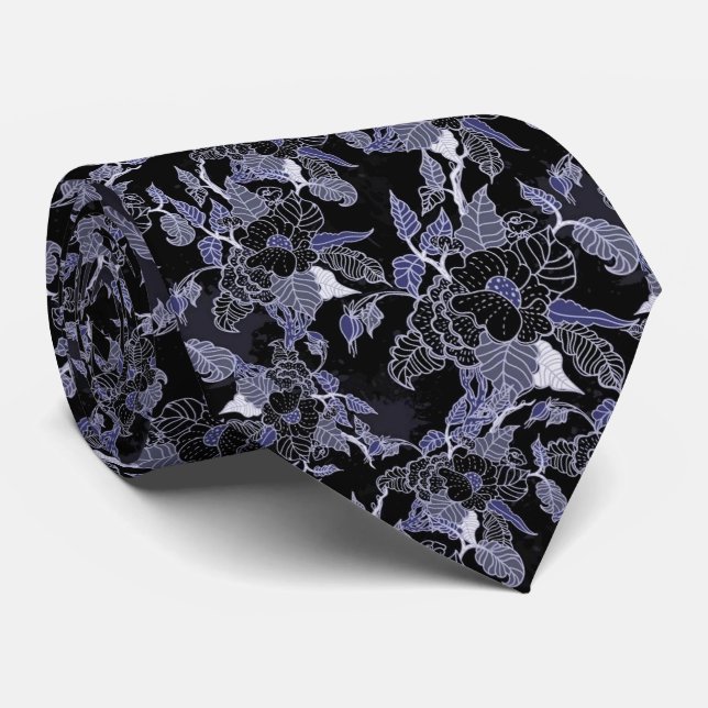 Elegant Blue & Grey Dark Floral Tie (Rolled)