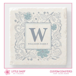 Elegant Blue Grey Floral Monogrammed Stone Coaster