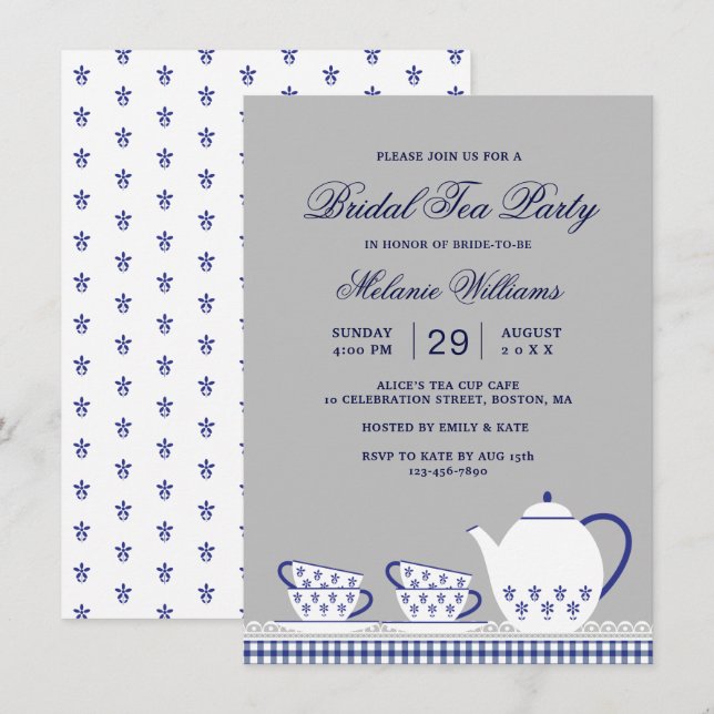 Elegant Blue Grey Floral Tea Party Bridal Shower Invitation (Front/Back)