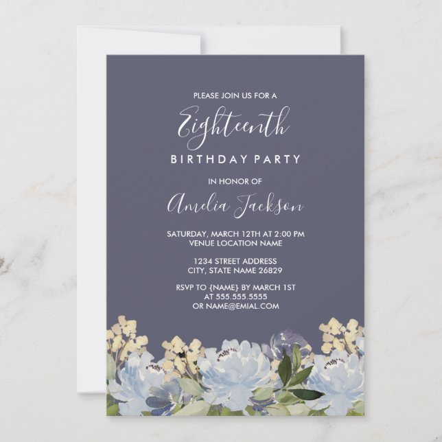 Elegant Blue Grey Floral Watercolor 18th Birthday Invitation (Front)
