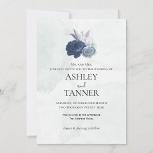 Elegant Blue & Grey Floral Wedding Invitation