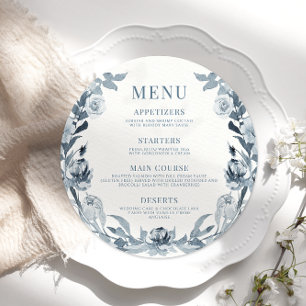 Elegant Blue Grey Floral Wedding Round Flat Menu