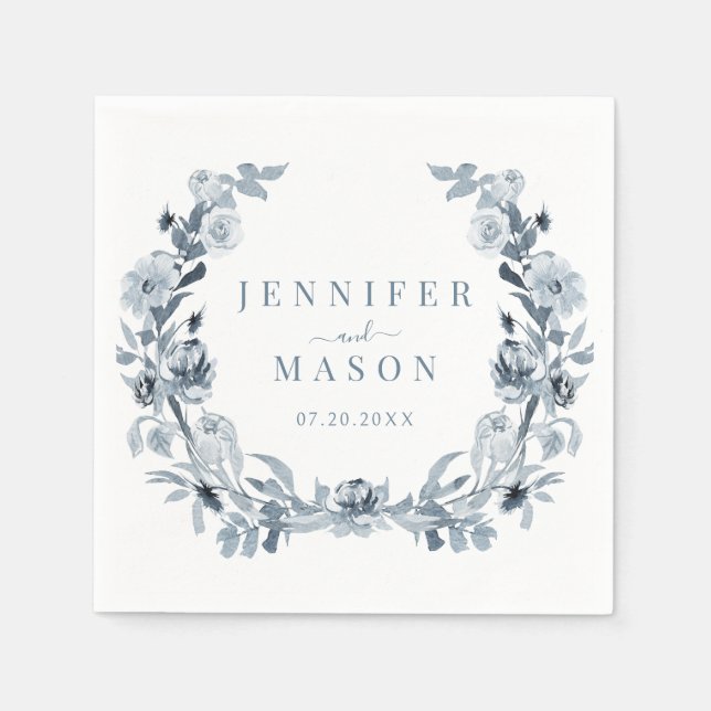 Elegant Blue Grey Floral Wreath Wedding Paper  Napkin (Front)