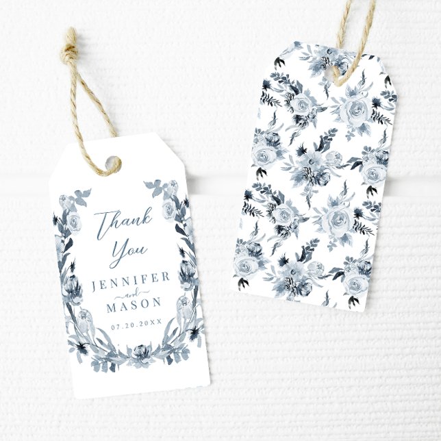 Elegant Blue Grey Floral Wreath Wedding Thank You Gift Tags (Creator Uploaded)