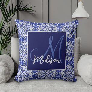 Elegant Blue Grey Geometric Initial Monogram Cushion