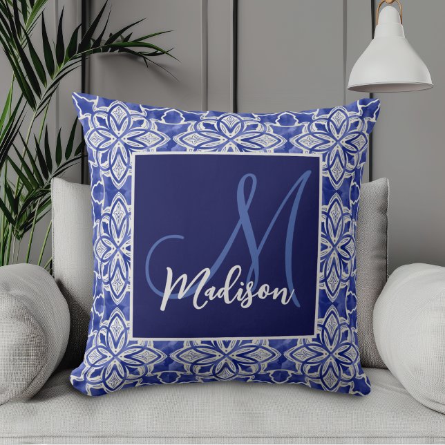 Elegant Blue Grey Geometric Initial Monogram Cushion (Creator Uploaded)