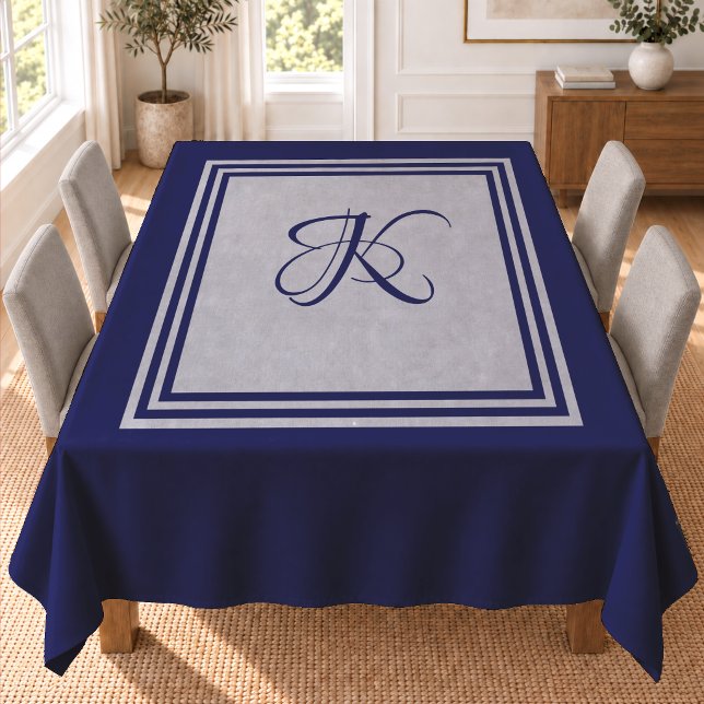Elegant Blue Grey Geometric Square Monogram Tablecloth (Creator Uploaded)