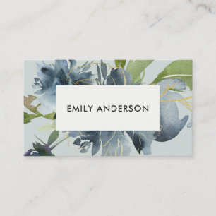 ELEGANT BLUE GREY GREEN GOLD FLORAL WATERCOLOR BUSINESS CARD