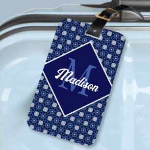 Elegant blue grey initial monogrammed  luggage tag