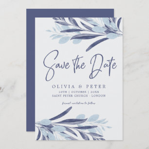 Elegant Blue Grey Leaves Botanical Wedding  Save The Date