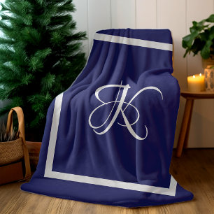 Elegant Blue Grey Monogram Initial Fleece Blanket